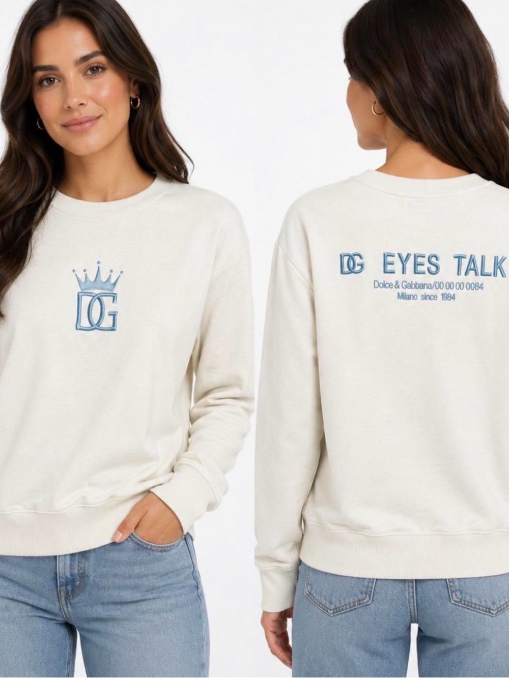 Dolce & Gabbana Cream Sweatshirt with Blue Logo and 'EYES TALK' Text